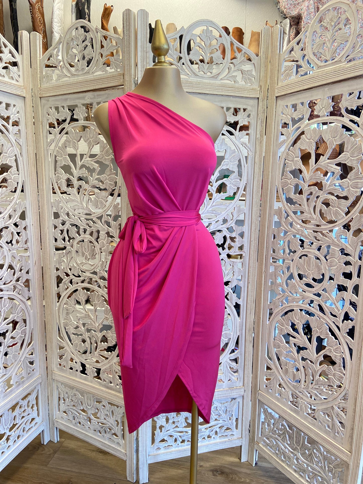 Hot Pink One Sleeve Draped Dress