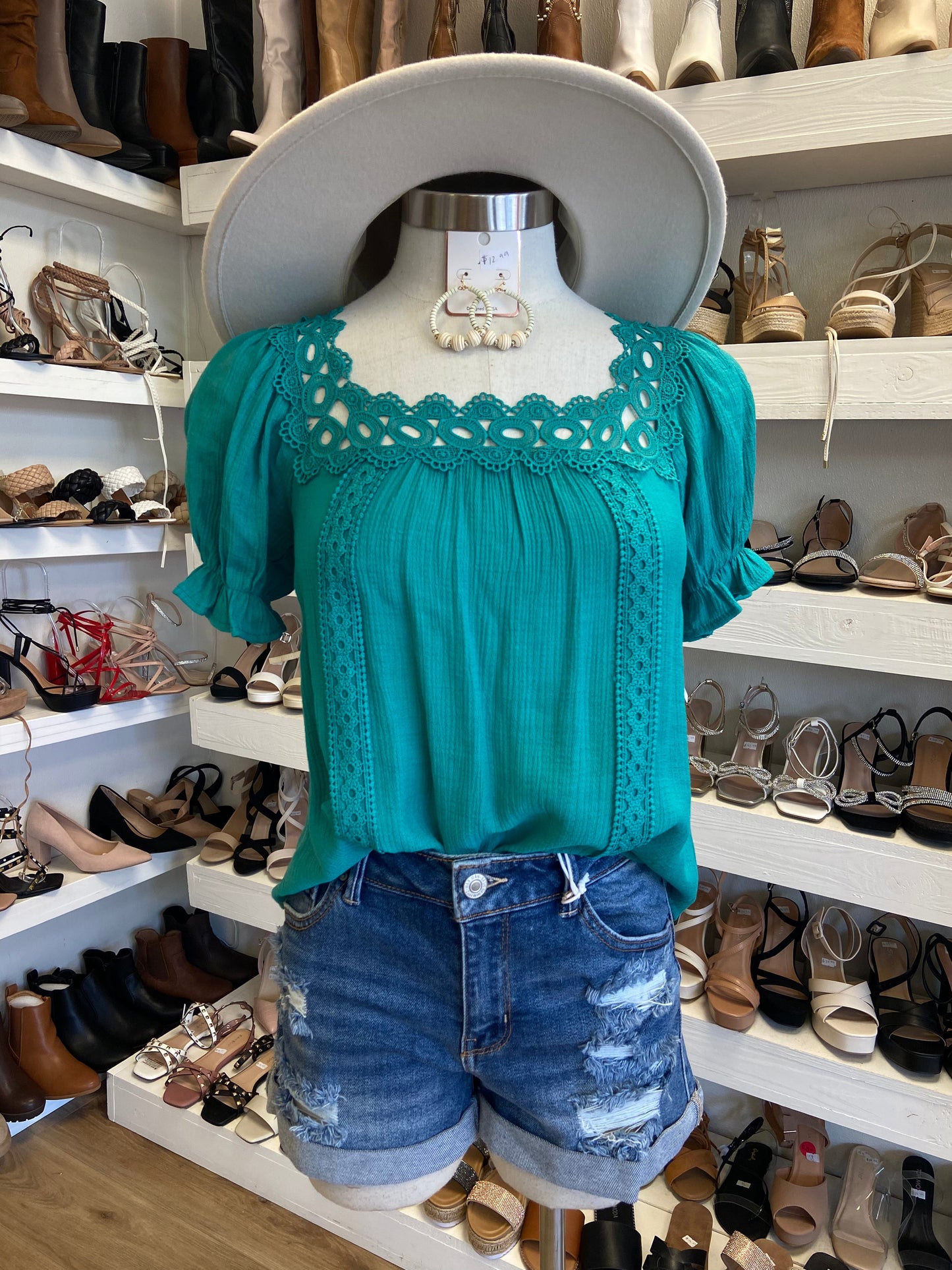 Turquoise Lace Trim Blouse