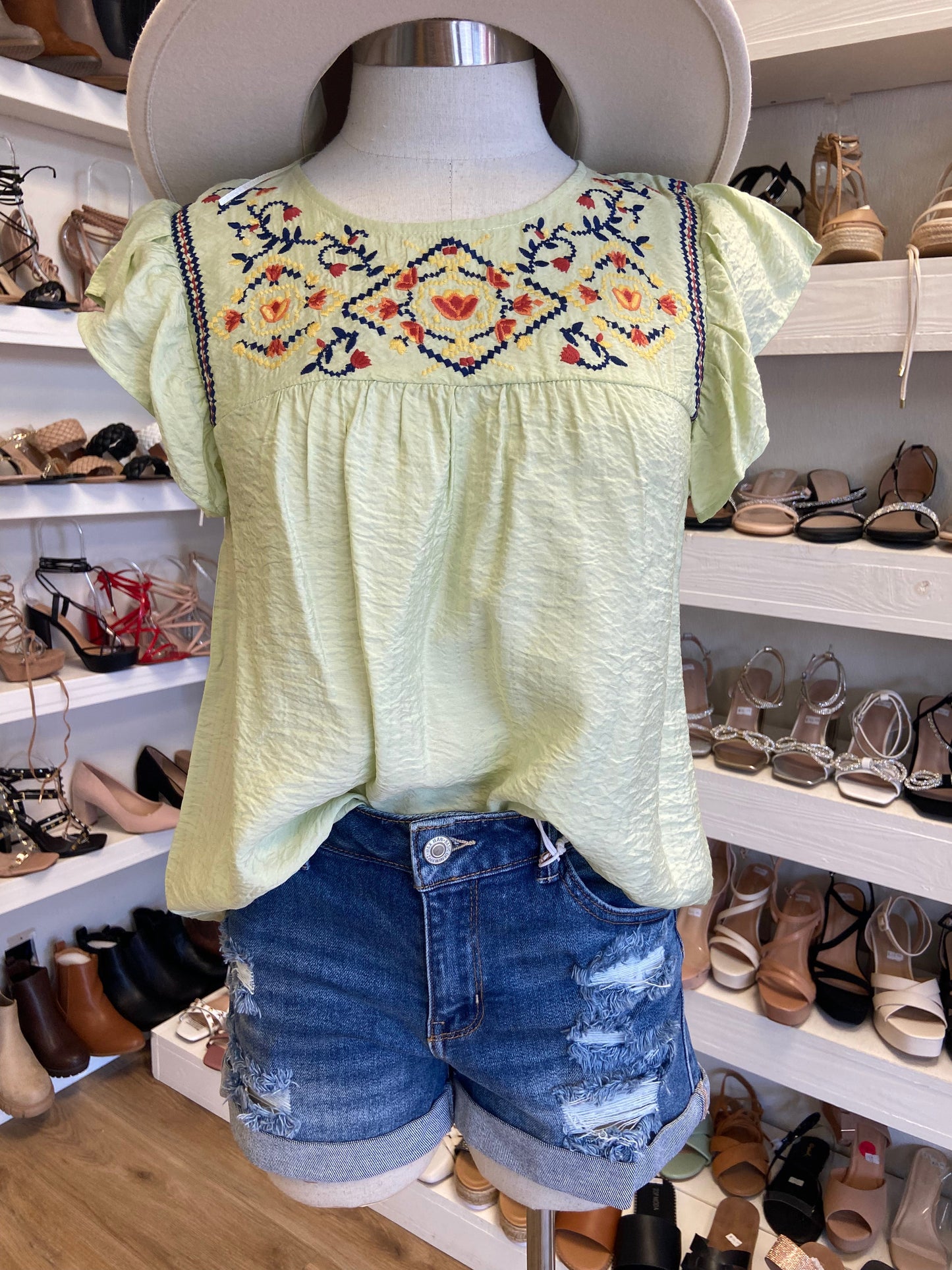 Green Embroidered Short Sleeve Top