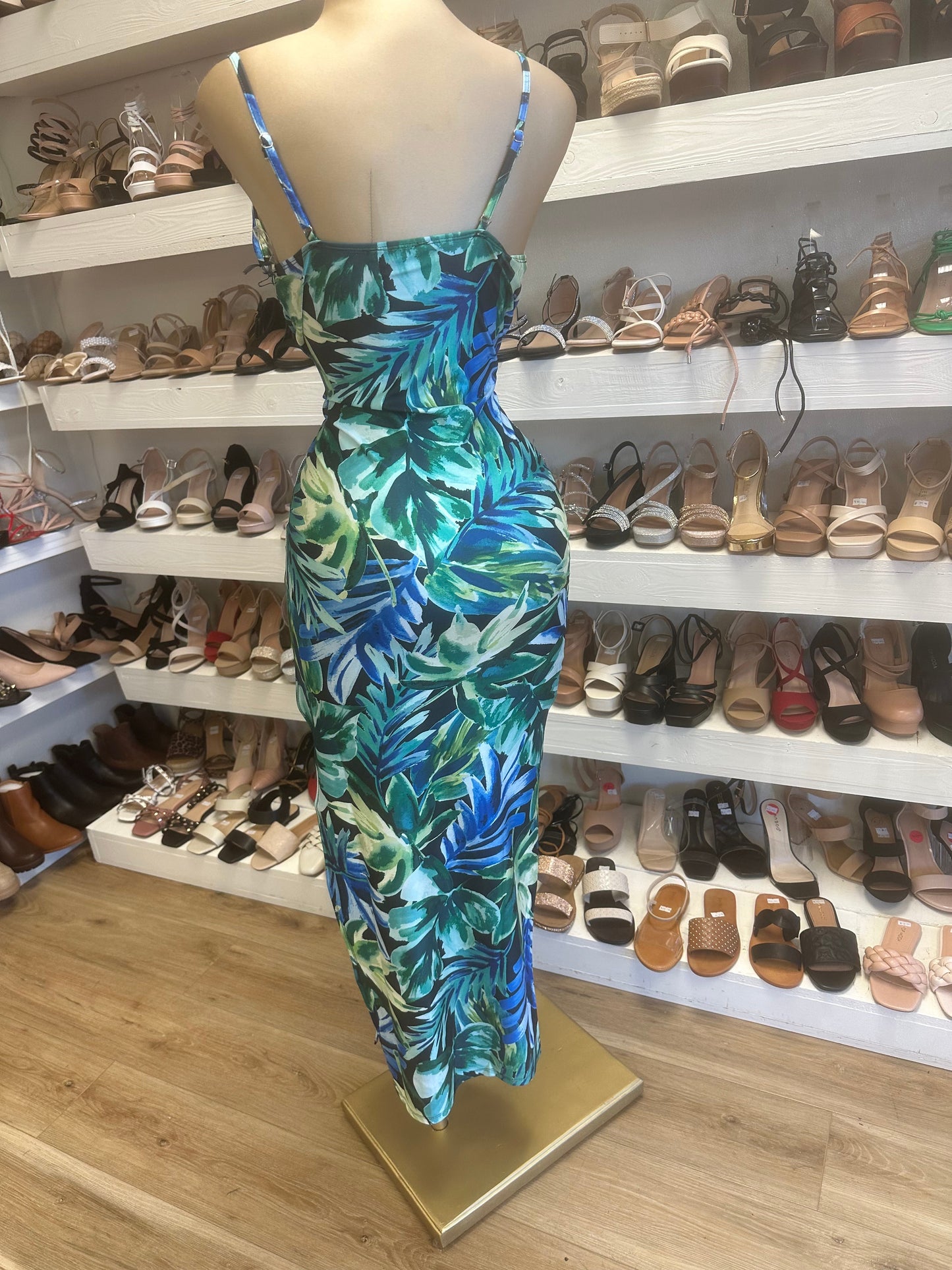 Blue Tropical Print Slit Dress