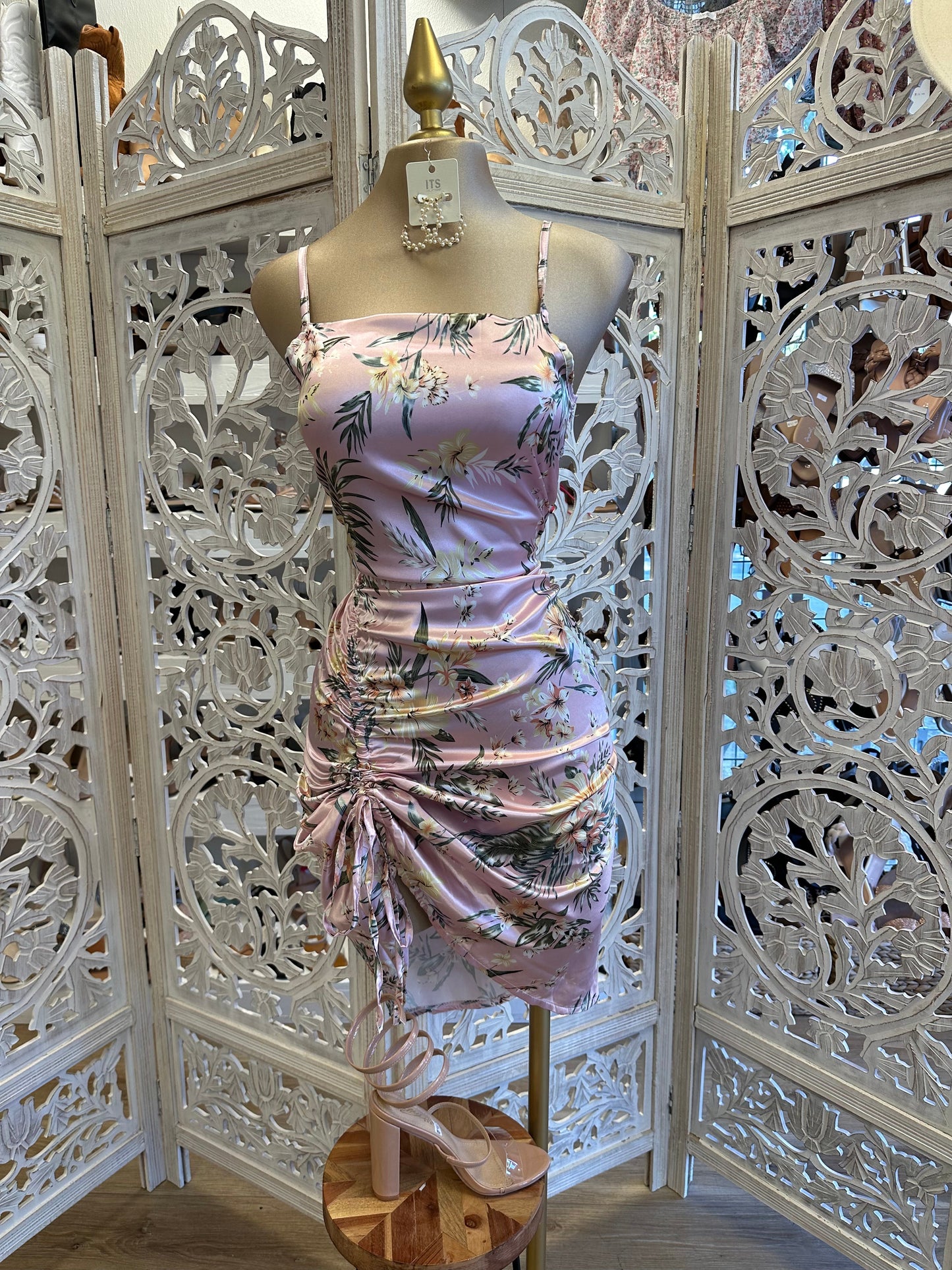 Pink Satin Leaf Pattern Dress