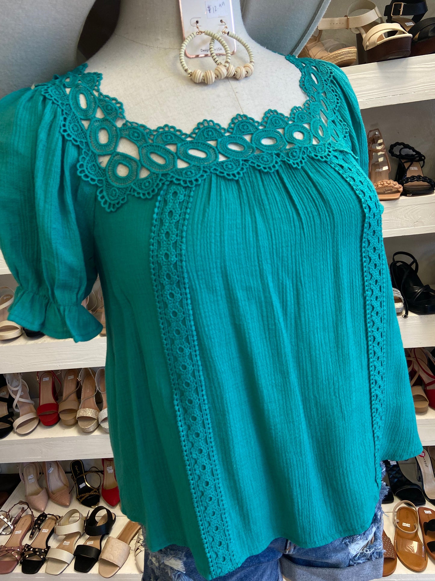 Turquoise Lace Trim Blouse