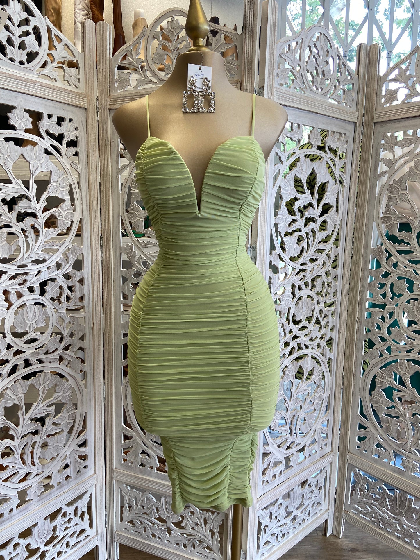 Pistachio V Ruched Bodycon Dress