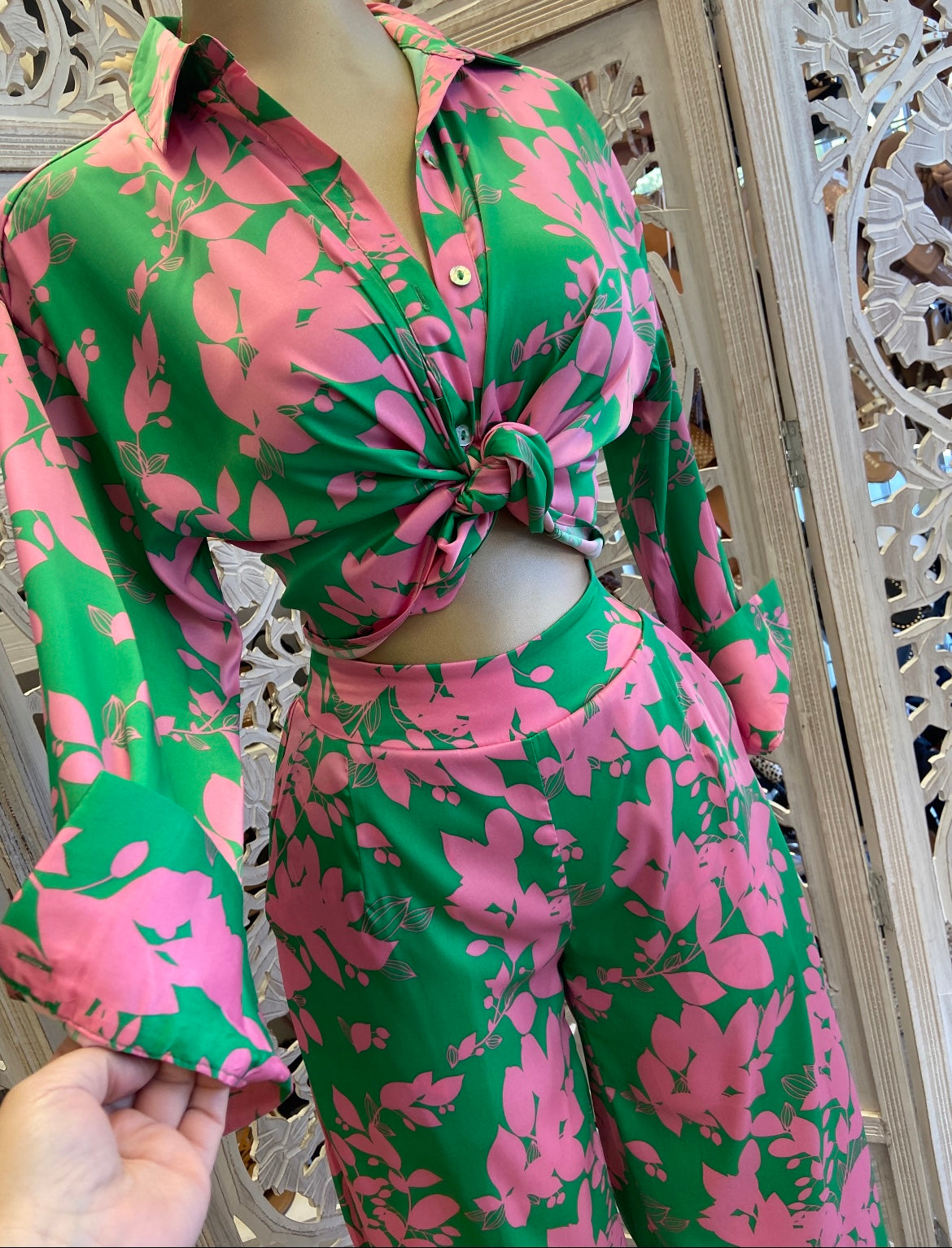 Satin Floral Pink and Green Set