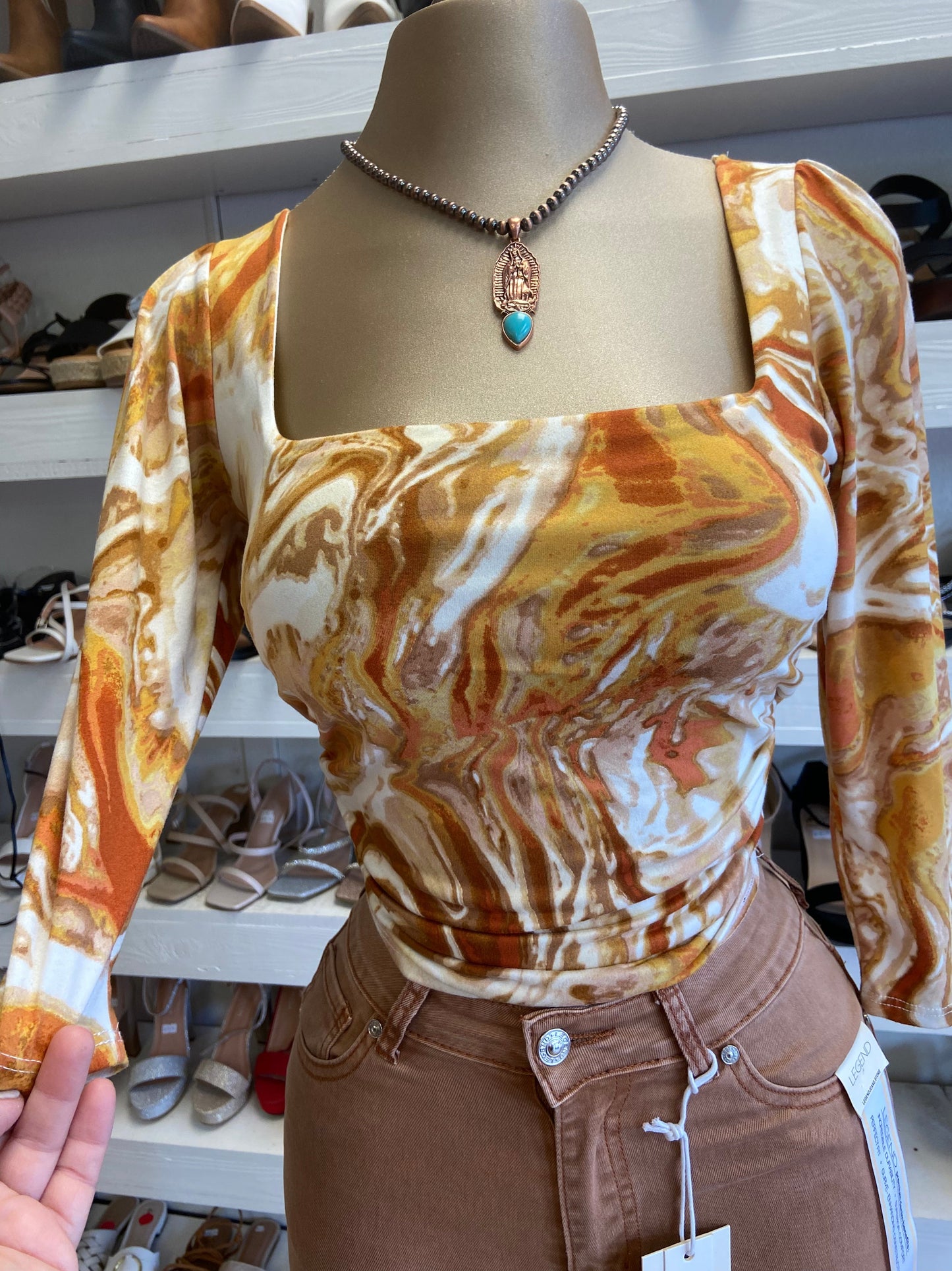 Orange Wave Print Square Top