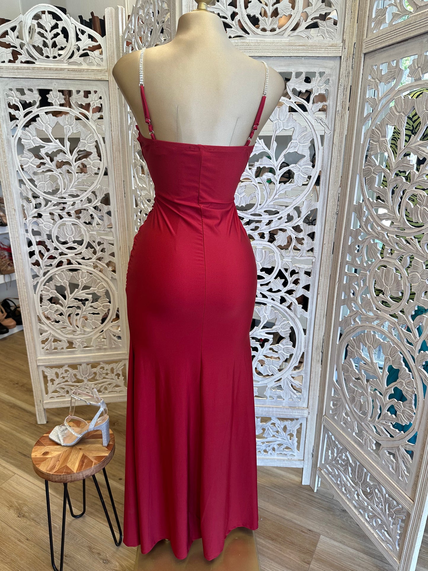 Wine Rhinestone Strap Dress