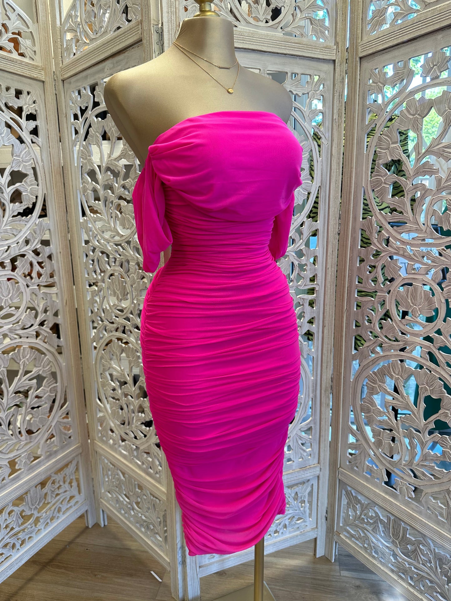 Ruched Pink Midi Dress