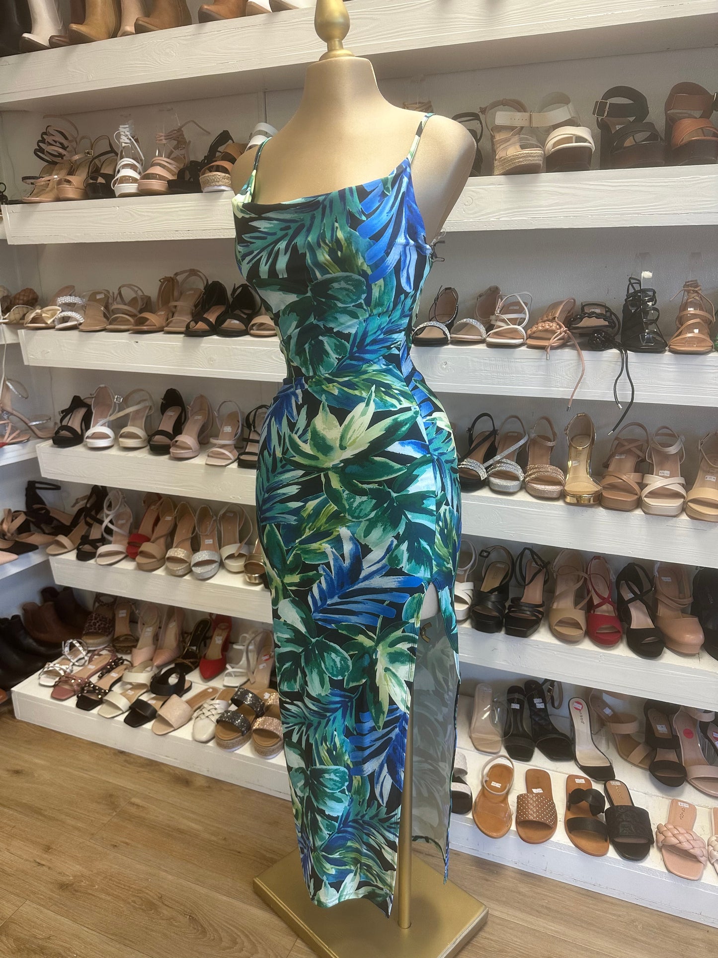 Blue Tropical Print Slit Dress