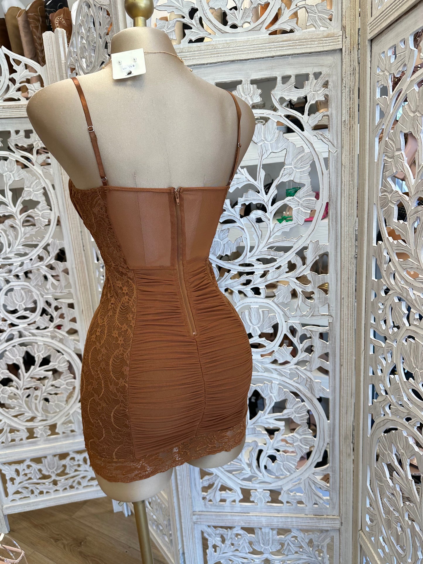 Cognac Lace Trim Mini Dress