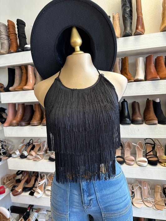 Black Halter Fringe Top