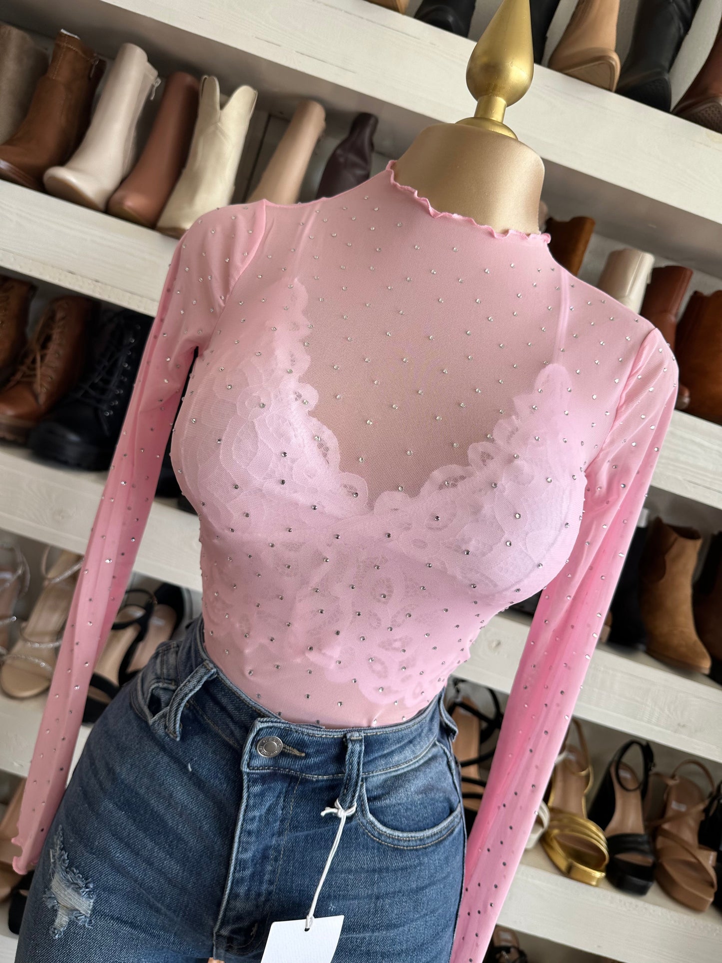 Rhinestone Mesh Mock Top