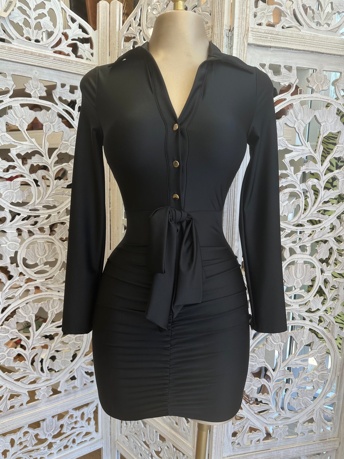 Black Button Tie Front Dress